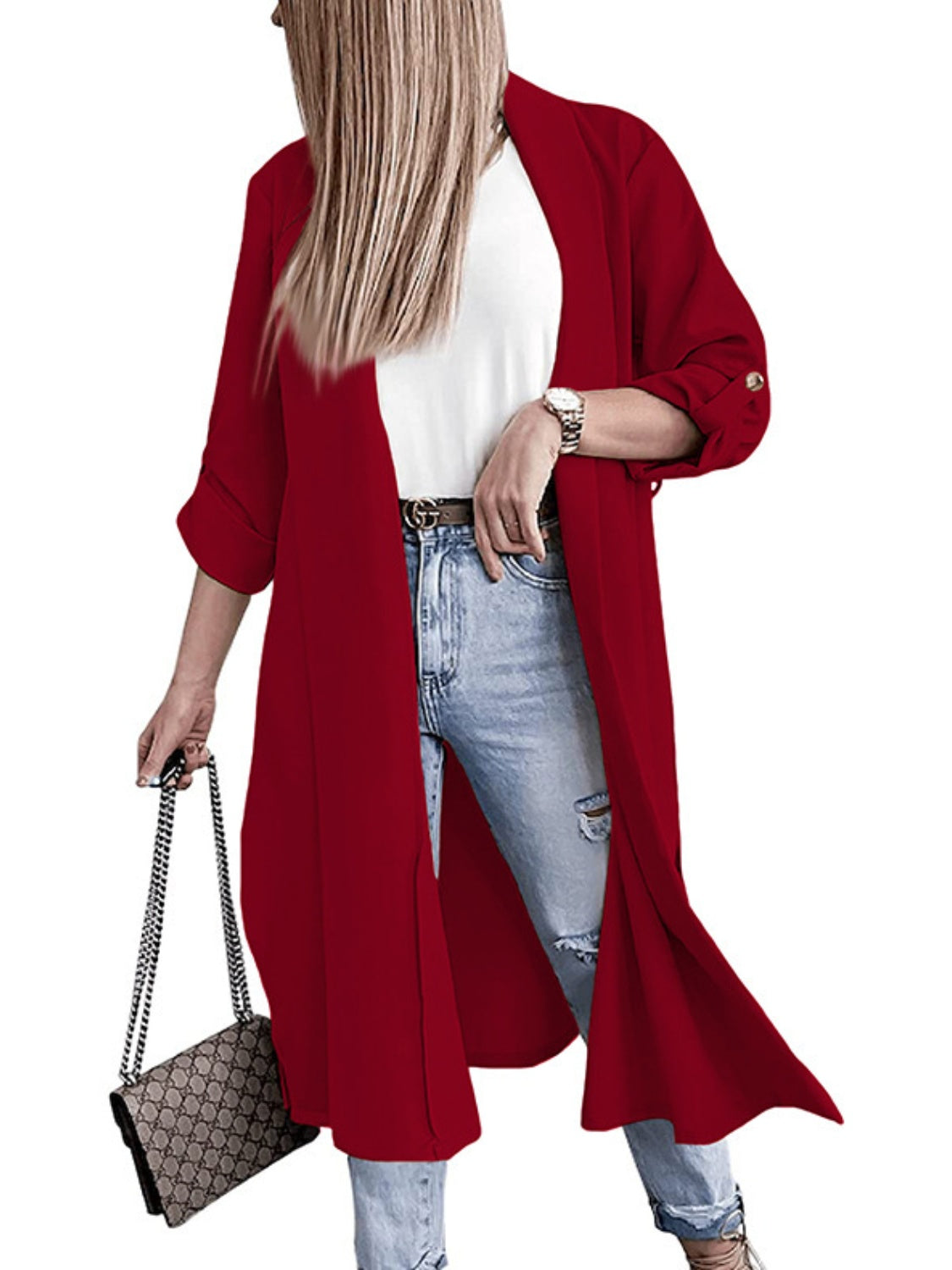 Slit open front roll-tab sleeve trench coat