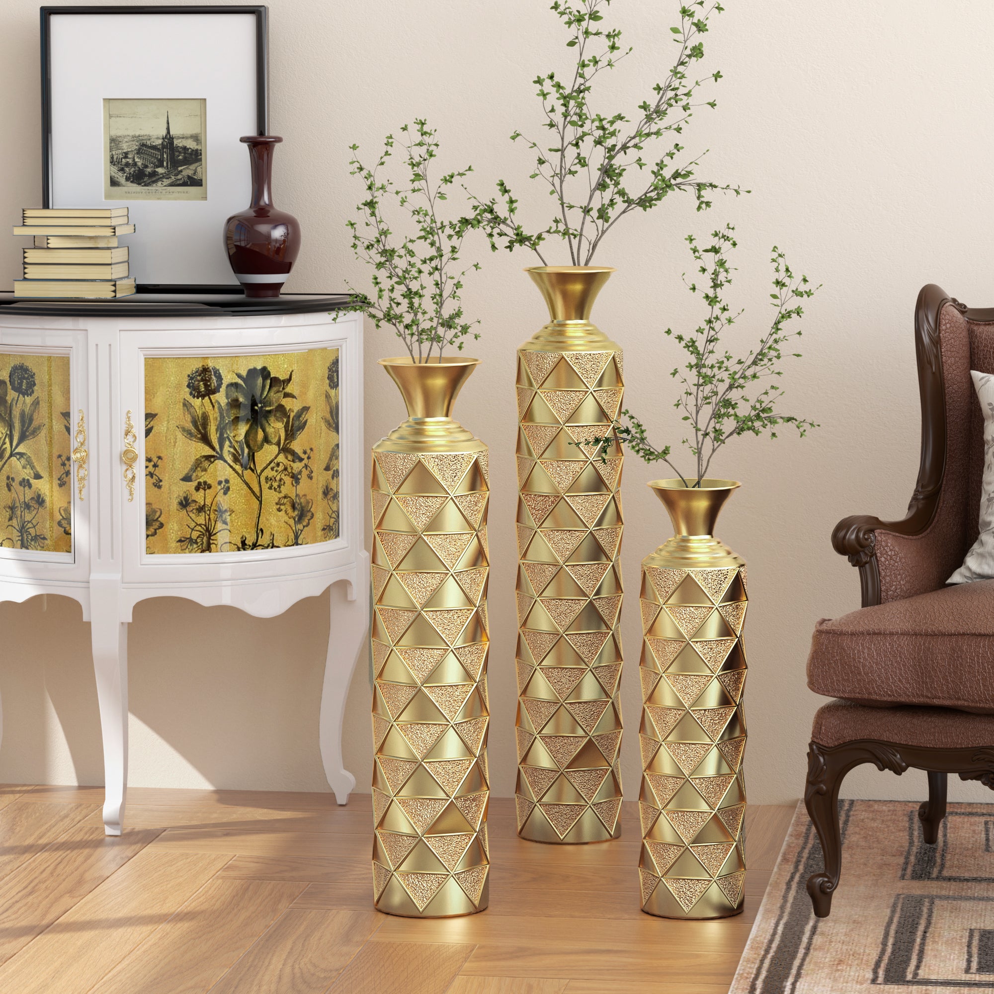 High pressure metal center vase with 3D triangular pattern, set of 3 vases, height 33.5 inches, 29.5 inches, 25.2 inches, gold