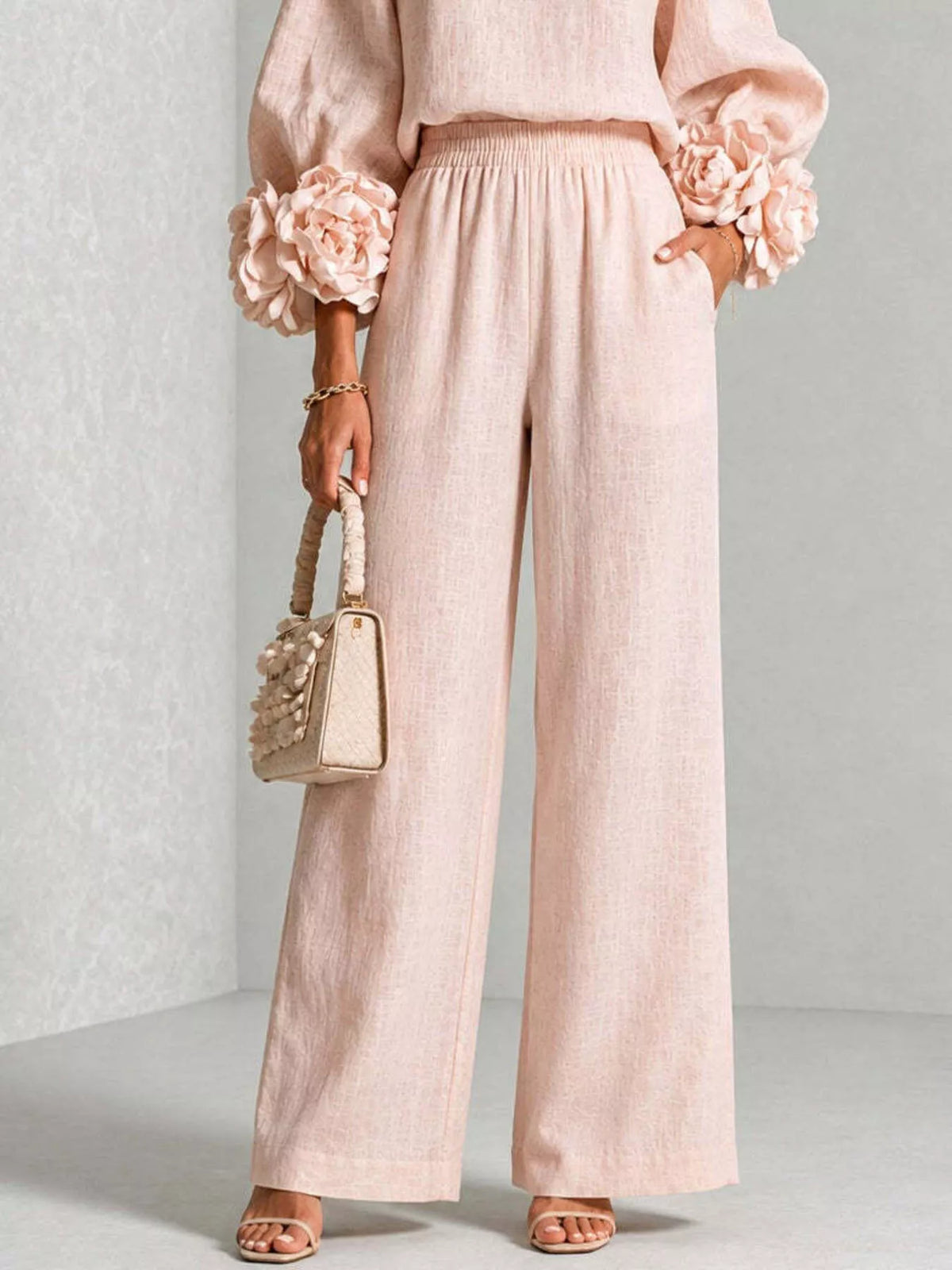 Floral-cuff top and pants set