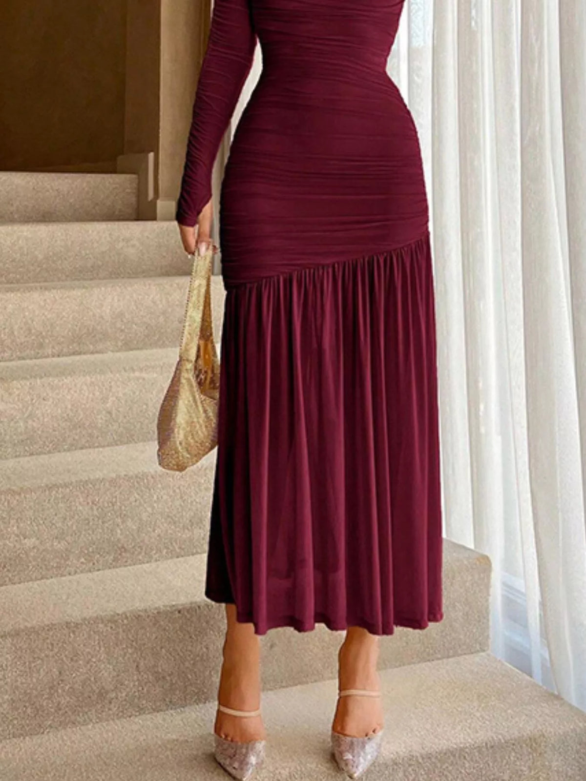 Ruched long sleeve bodycon midi dress