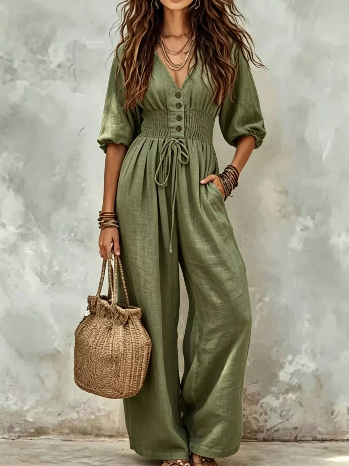 Smocked-waist wide-leg jumpsuit