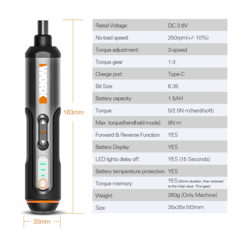 Worx 4V Mini Electrical Screwdriver Set WX240 Smart Cordless Electric Screwdrivers USB Rechargeable Handle with 26 Bit Set Drill