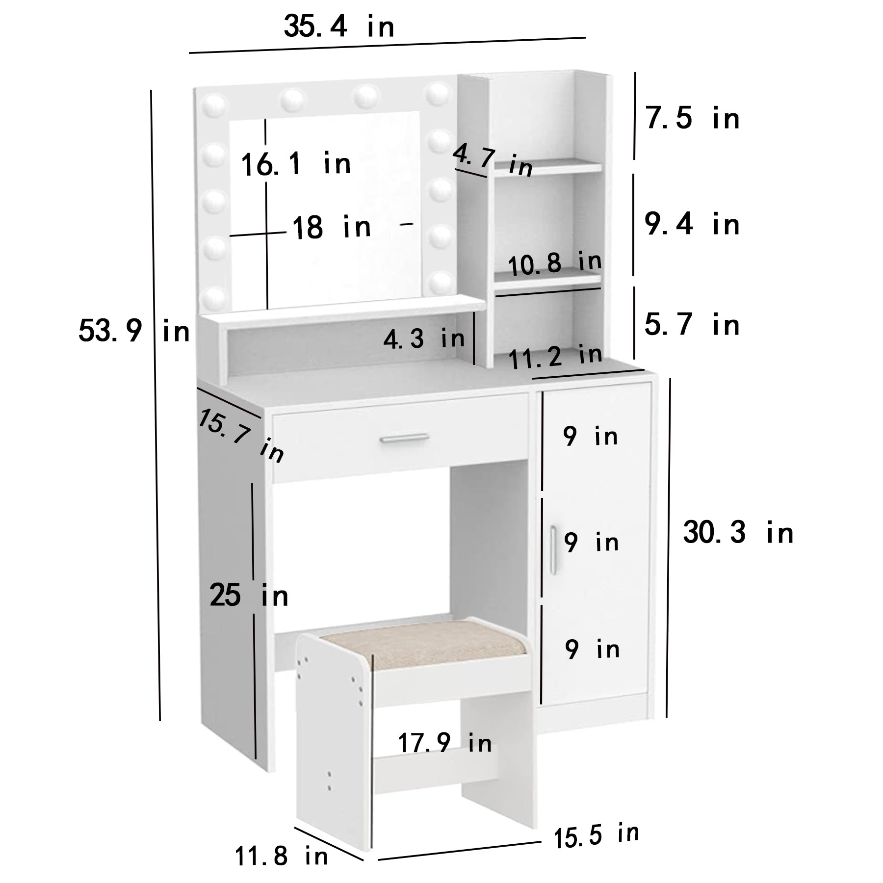 Large drawer with mirror and light, three-layer storage vanity, adjustable brightness for 3 lighting modes (white with stool)