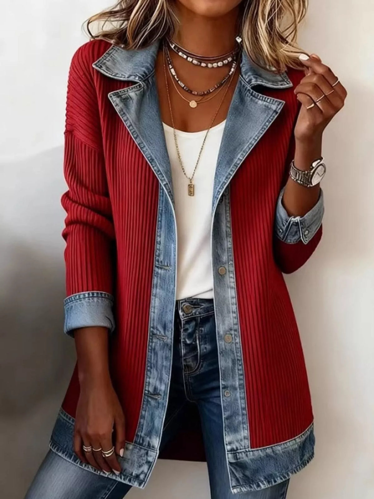 Denim-trim rib cardigan – red
