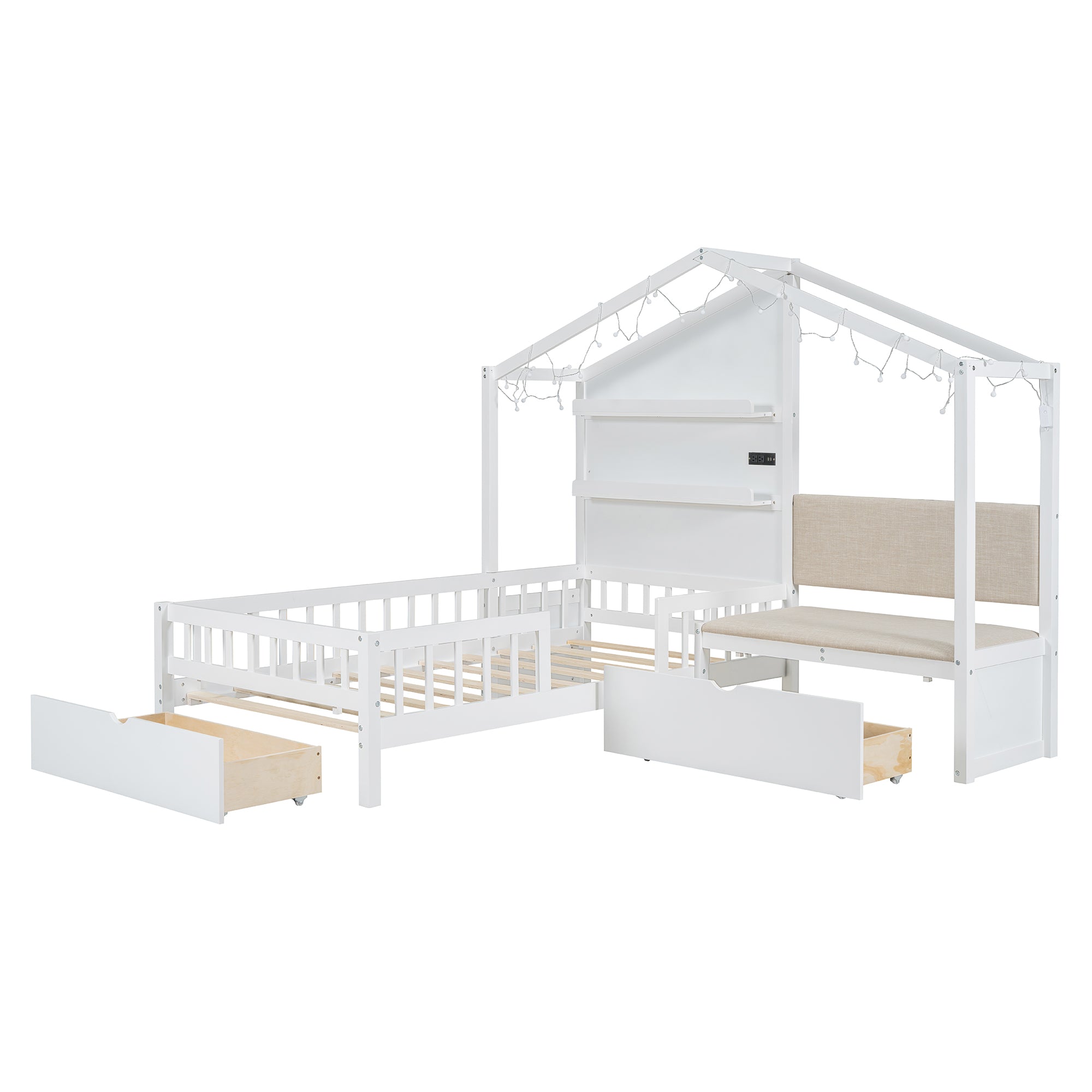 Twin Size House Bed with Upholstered Sofa, House Bed with Charging Station, Wireless Charging, Shelves and Two Drawers, White