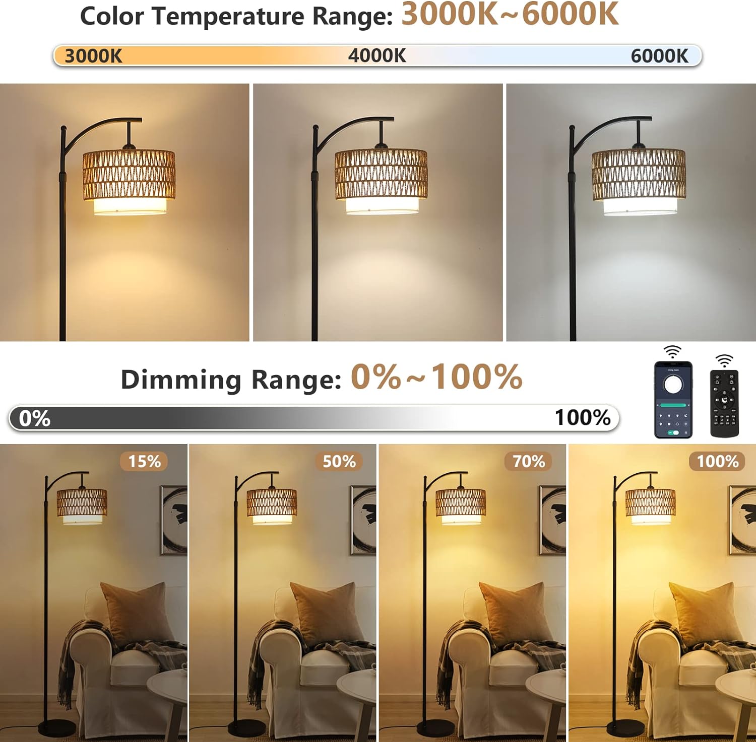 Arc Floor Lamp for Living Room with 3 Color Temperatures, Farmhouse Floor Lamps with Remote & Dimmable Bulb Office