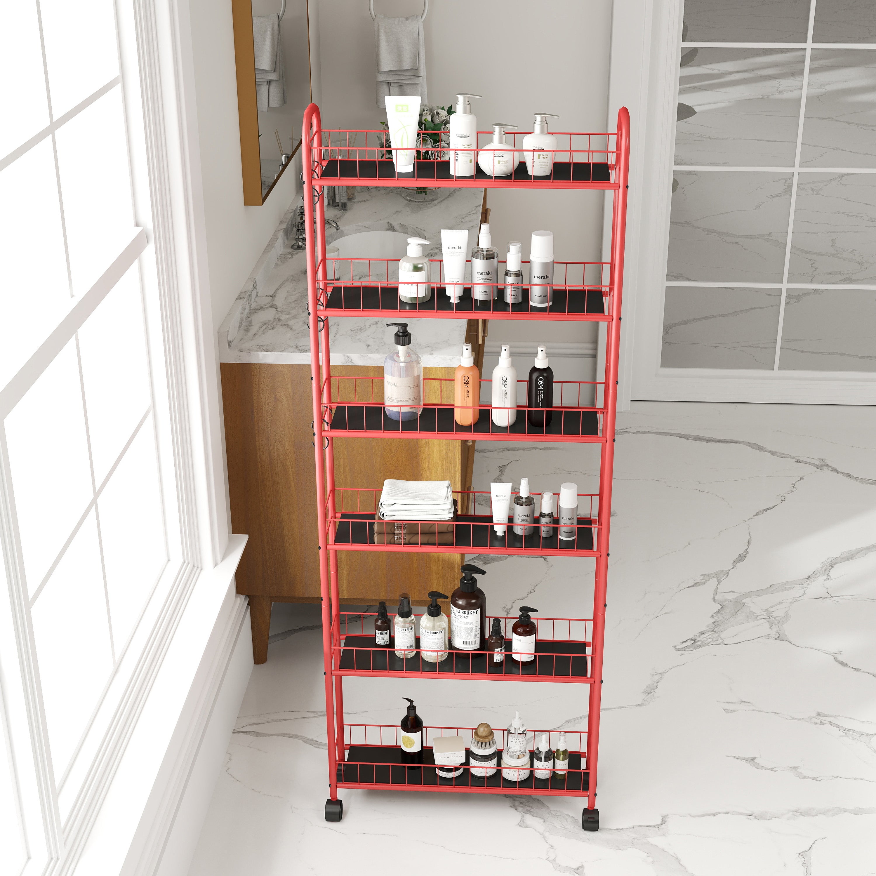 Red 6-story rolling cart gap kitchen ultra-thin sliding out storage tower shelf with wheels, 6 baskets