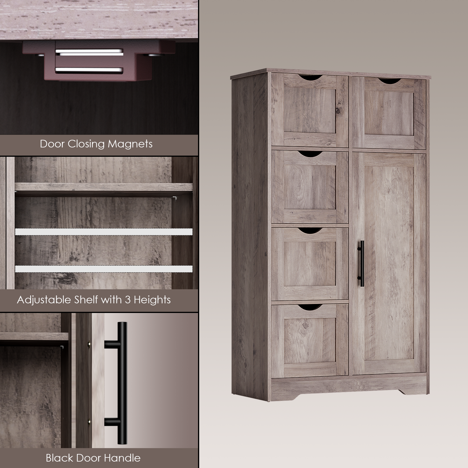 Bathroom Storage Cabinet with Storage 5 Drawers and 1 Door, Entryway Cabinet with Adjustable Shelf Grey