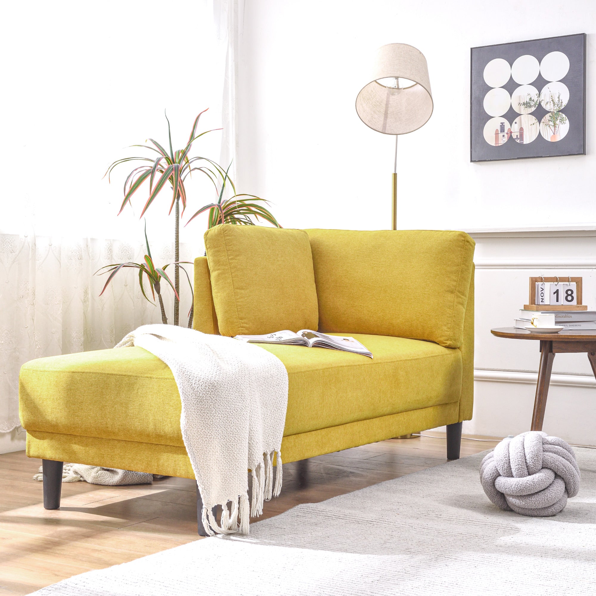 65" Mid-Century Modern Fabric Corner Lounge Chair Upholstered Indoor Chaise Lounge for Bedroom