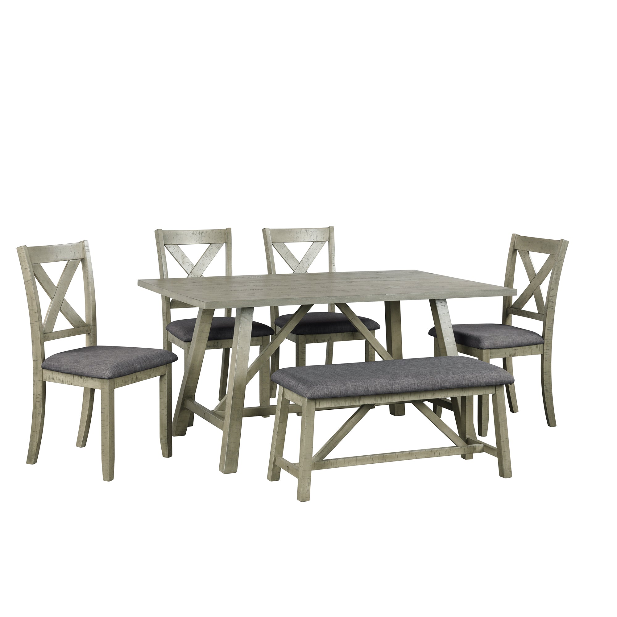 TOPMAX 6 Piece Dining Table Set Wood Dining Table and chair Kitchen Table Set with Table, Bench and 4 Chairs  Rustic Style Gray