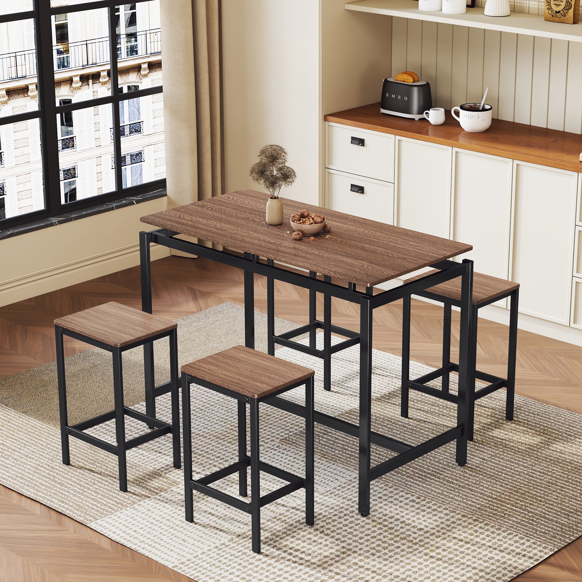 TREXM 5-piece compact bar table with table and stool - modern industrial design (dark brown)