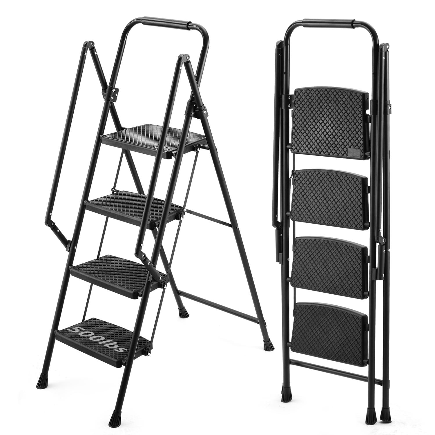 Lightweight folding four step stool, wide anti slip pedal and safety handle, sturdy steel ladder, multifunctional ladder