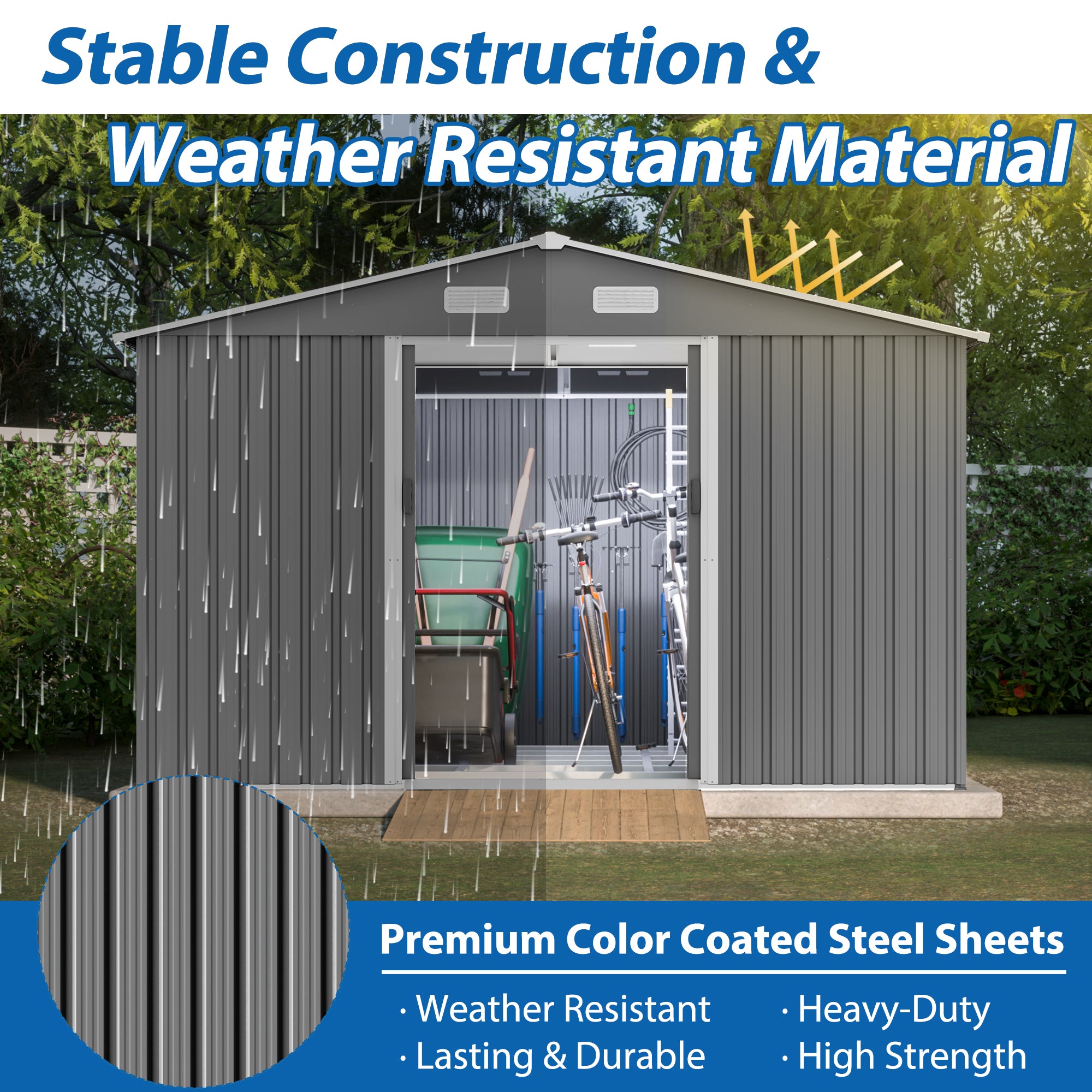 10X8 FT outdoor tool storage shed with metal foundation and lockable door, all-weather metal shed, gray