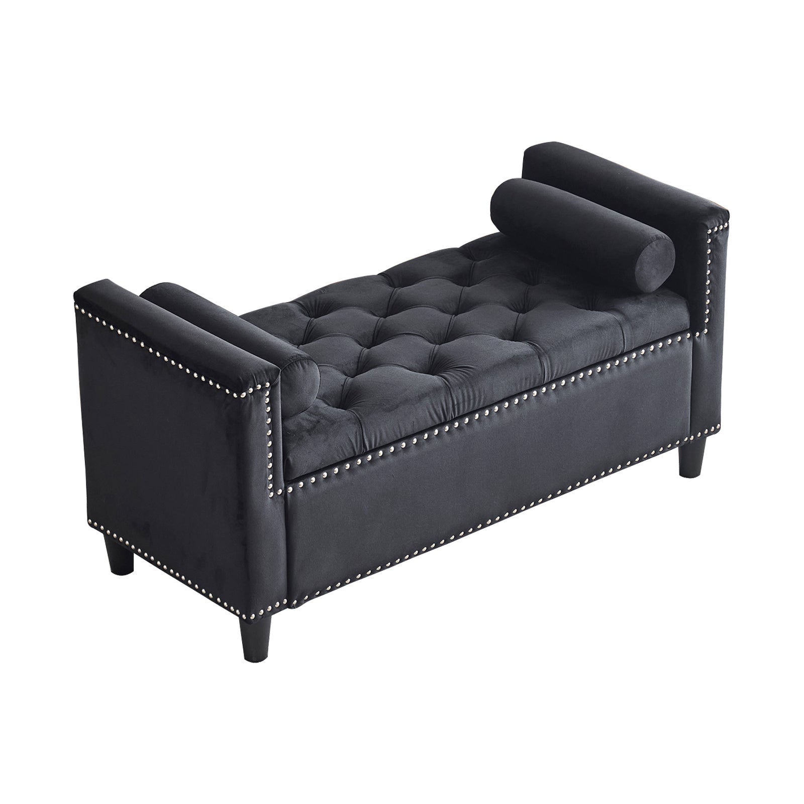 Storage Bench, 44.5-Inch Queen Velvet Button Bedside Bench, Entryway Living Room with Armrests, Nailhead Trim  Black