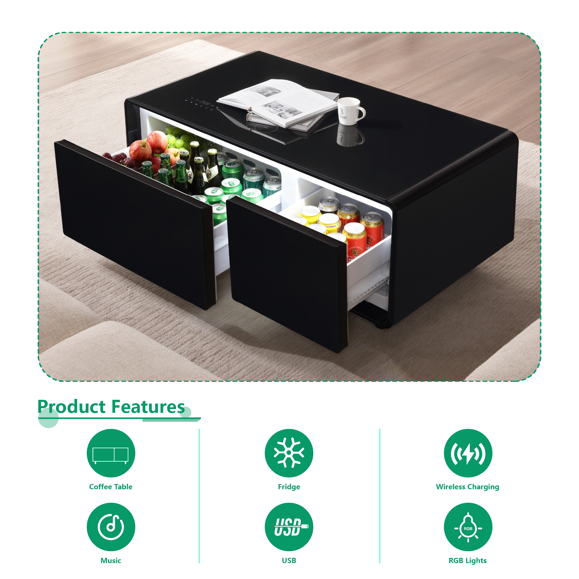 Modern Smart Coffee Table with Built-in Fridge, Bluetooth Speaker, Wireless Charging, Touch Control Panel, USB Interface Black