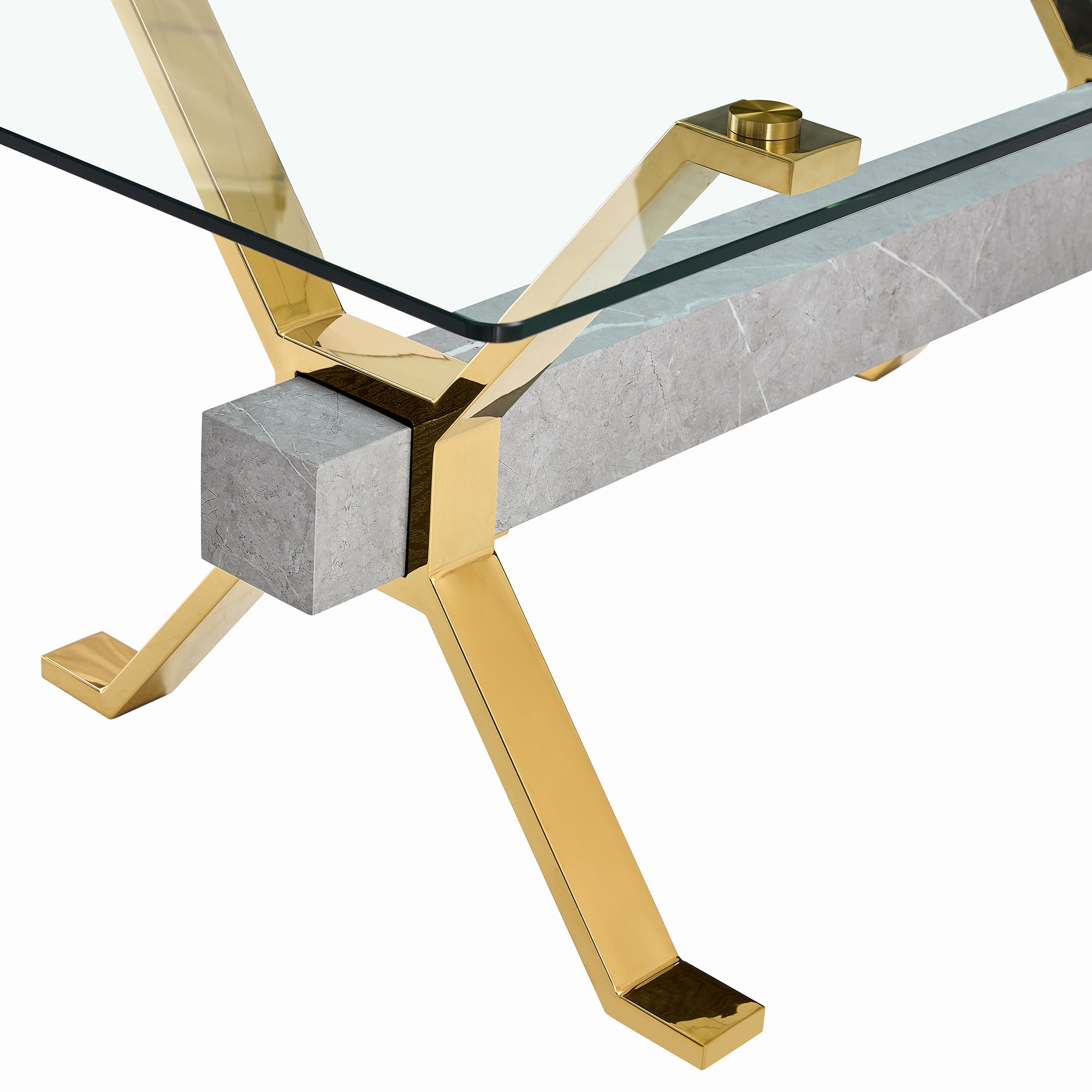 Dining table Modern tempered glass dining table Large modern office desk with gold plated metal legs and MDF crossbars