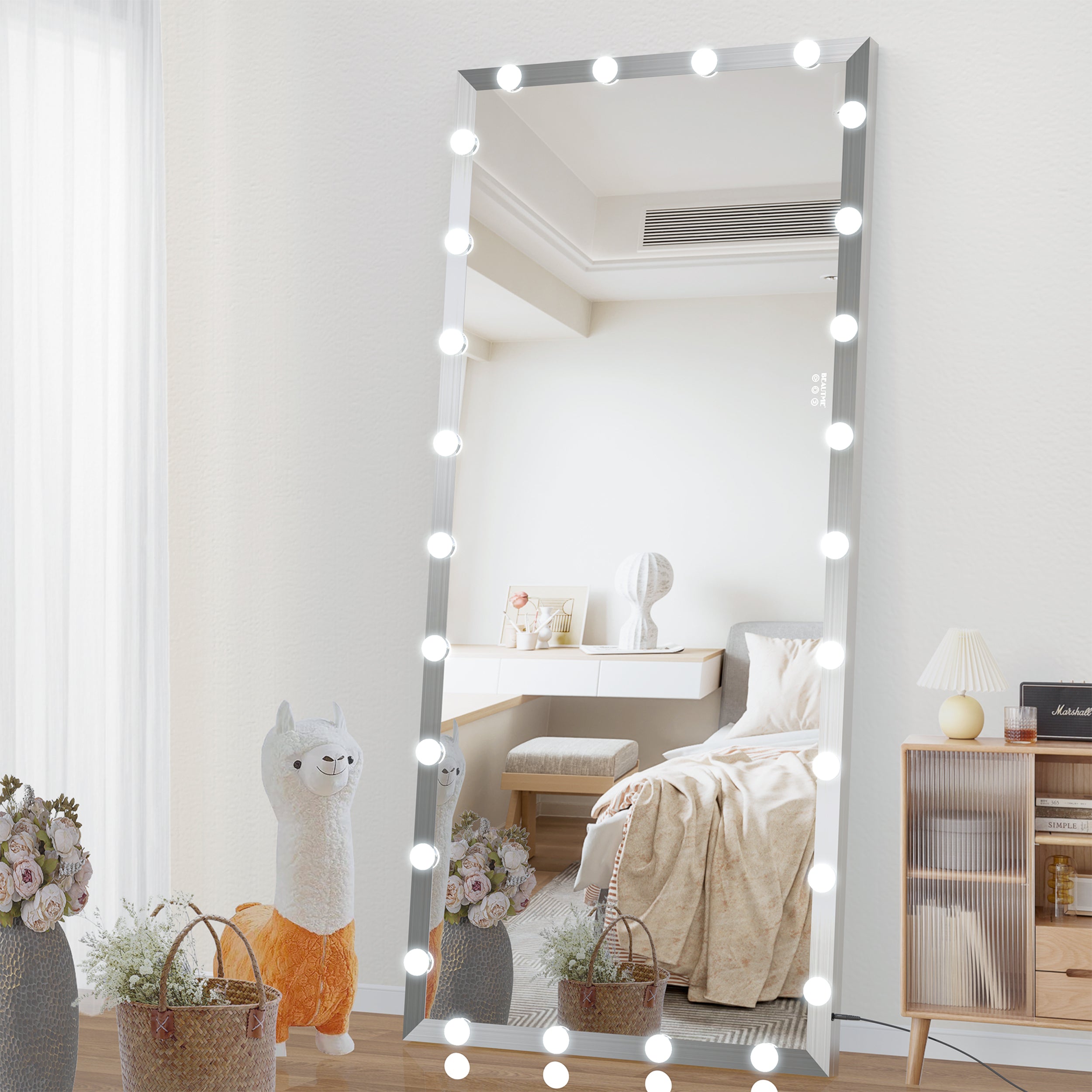 72X32 inch Hollywood full body mirror with light  dressing mirror with 3 color modes of lighting  standing floor mirror touch co