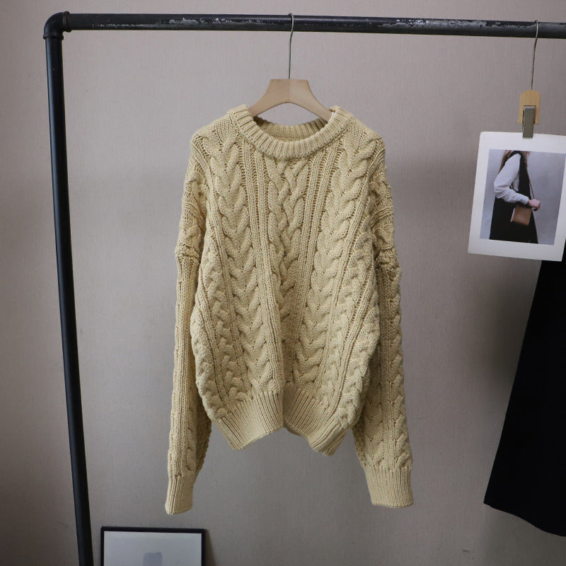 Round Neck Cable Knit Loose Lazy Versatile Thick Knitted Sweater for Women