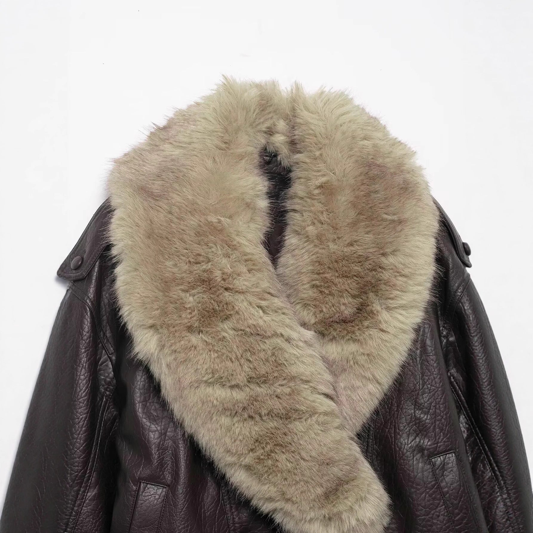 Outer fur collar imitation leather jacket