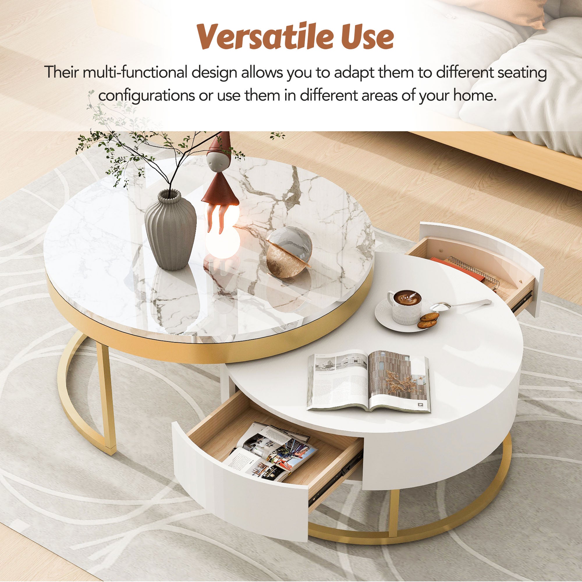 Modern Round Nesting Coffee Table with Drawers in White