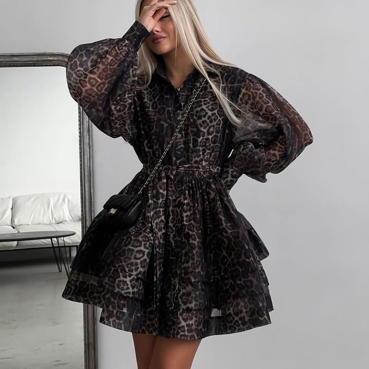 Early spring new chiffon leopard print long sleeved dress with a lapel and puffy skirt