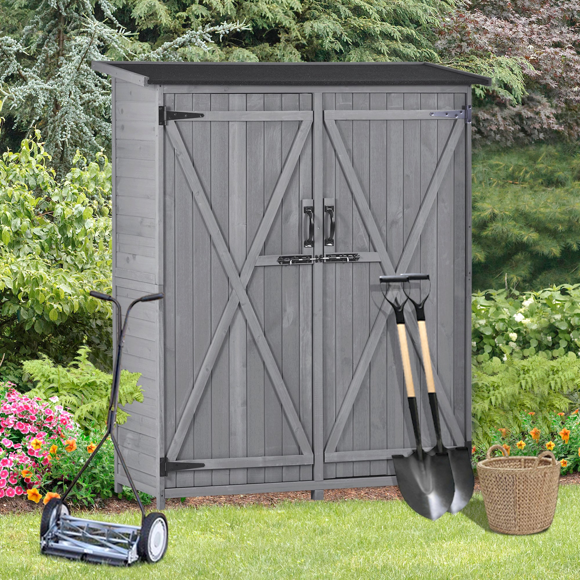 Outdoor 5.3ft Hx4.6ft L Wood Storage Shed Tool Organizer,Garden Shed, Storage Cabinet with Waterproof Asphalt Roof Gray