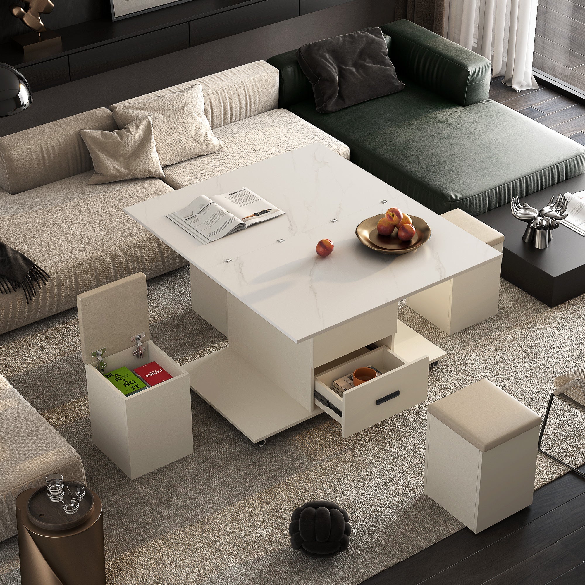 Modern lift coffee table, living room with 4 chairs, expandable 1 hidden storage space+2 drawers, folding dining table