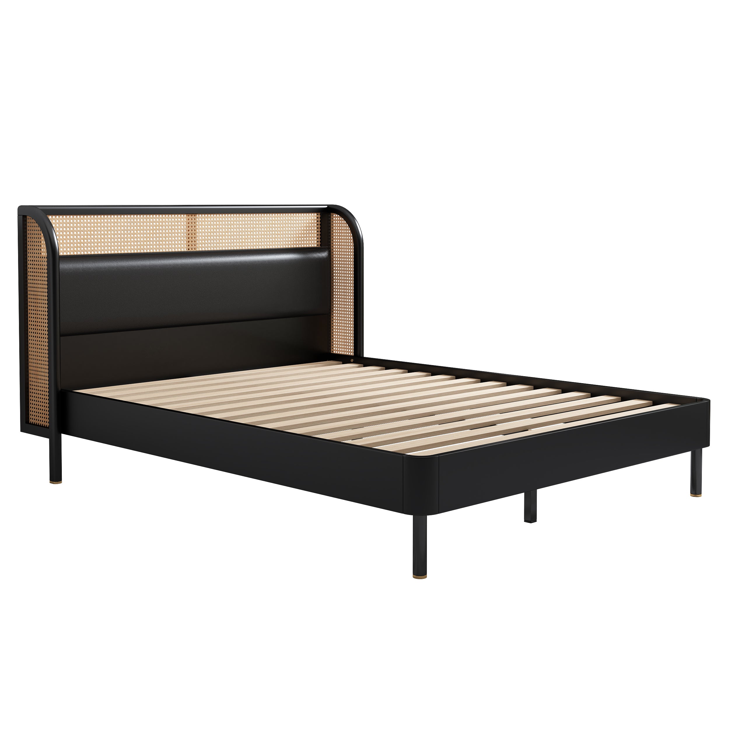 Modern Cannage Rattan Wood Platform Queen Bed Black