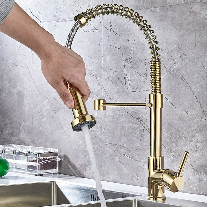 All copper spring faucet, kitchen sink with rotatable pull-out paint, black and gold dots