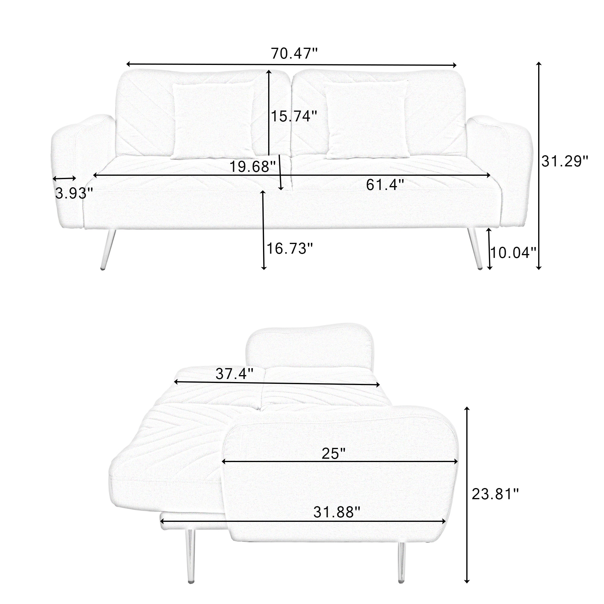 70.47" Gray Fabric Double Sofa with Split Backrest and Two Throw Pillows