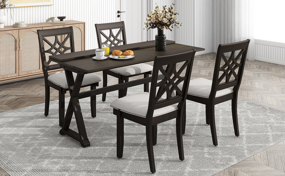 TOPMAX 5-piece set of 62 * 35.2-inch retractable dining table with two 8.8-inch consoles and deep walnut padded dining chairs