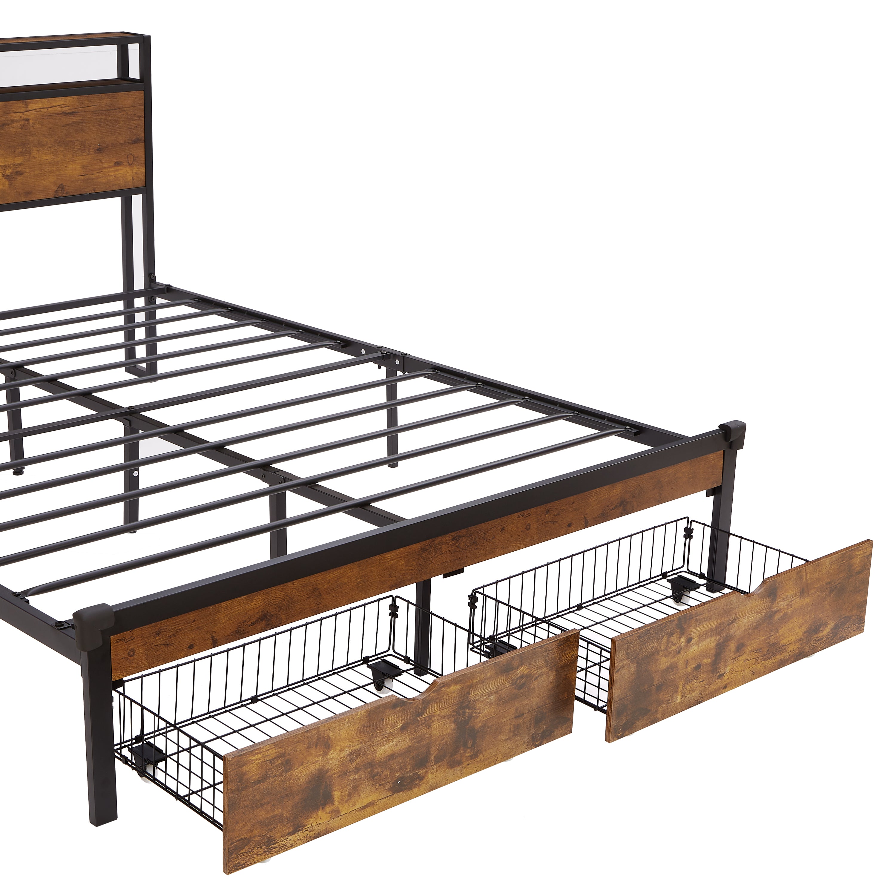 Large metal bed frame with wooden headboard and USB foot pedal, charging station, 2 drawers, LED lights, no need for box spring