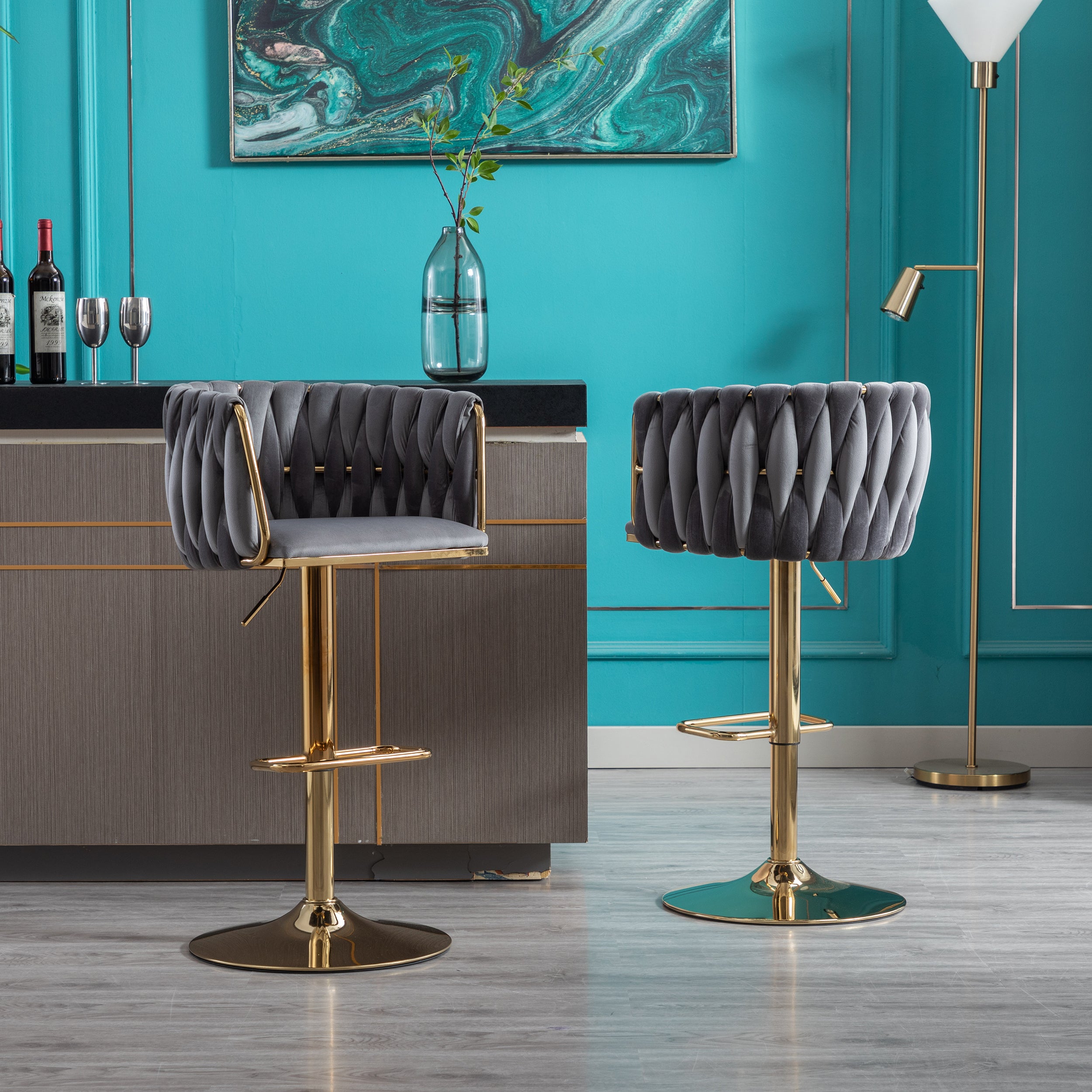 Set of 2 Bar Stools with Chrome Footrest and Base Swivel Height  Velvet + Golden Leg Simple Bar Stool-Grey