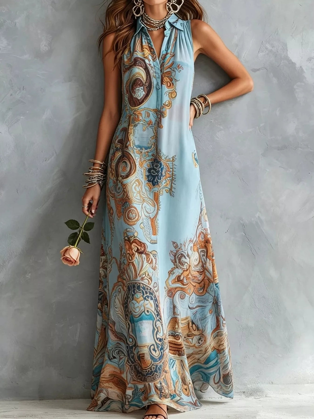 Bohemian sleeveless printed maxi shirt dress