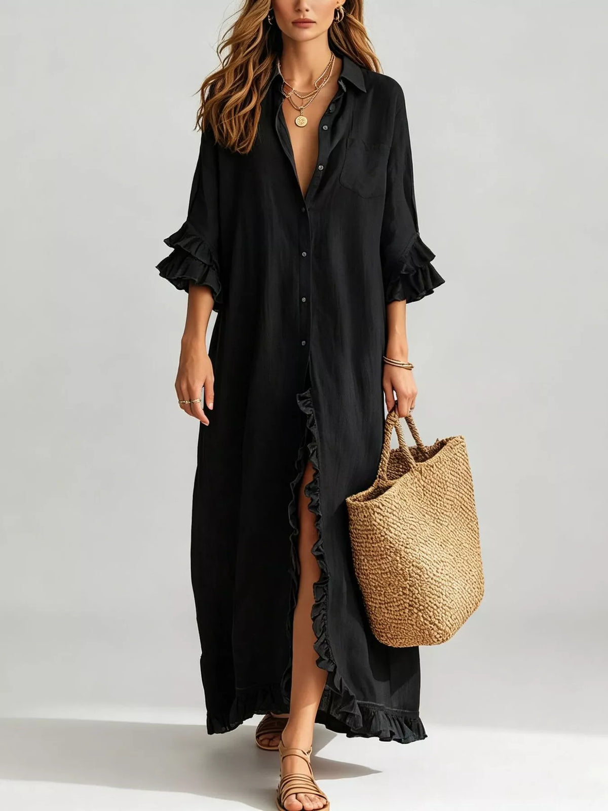 Ruffled trim button-down maxi shirt dress, Black