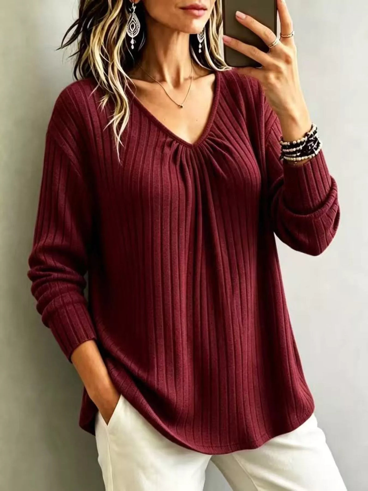 Ribbed V-neck long-sleeve tee – burgundy