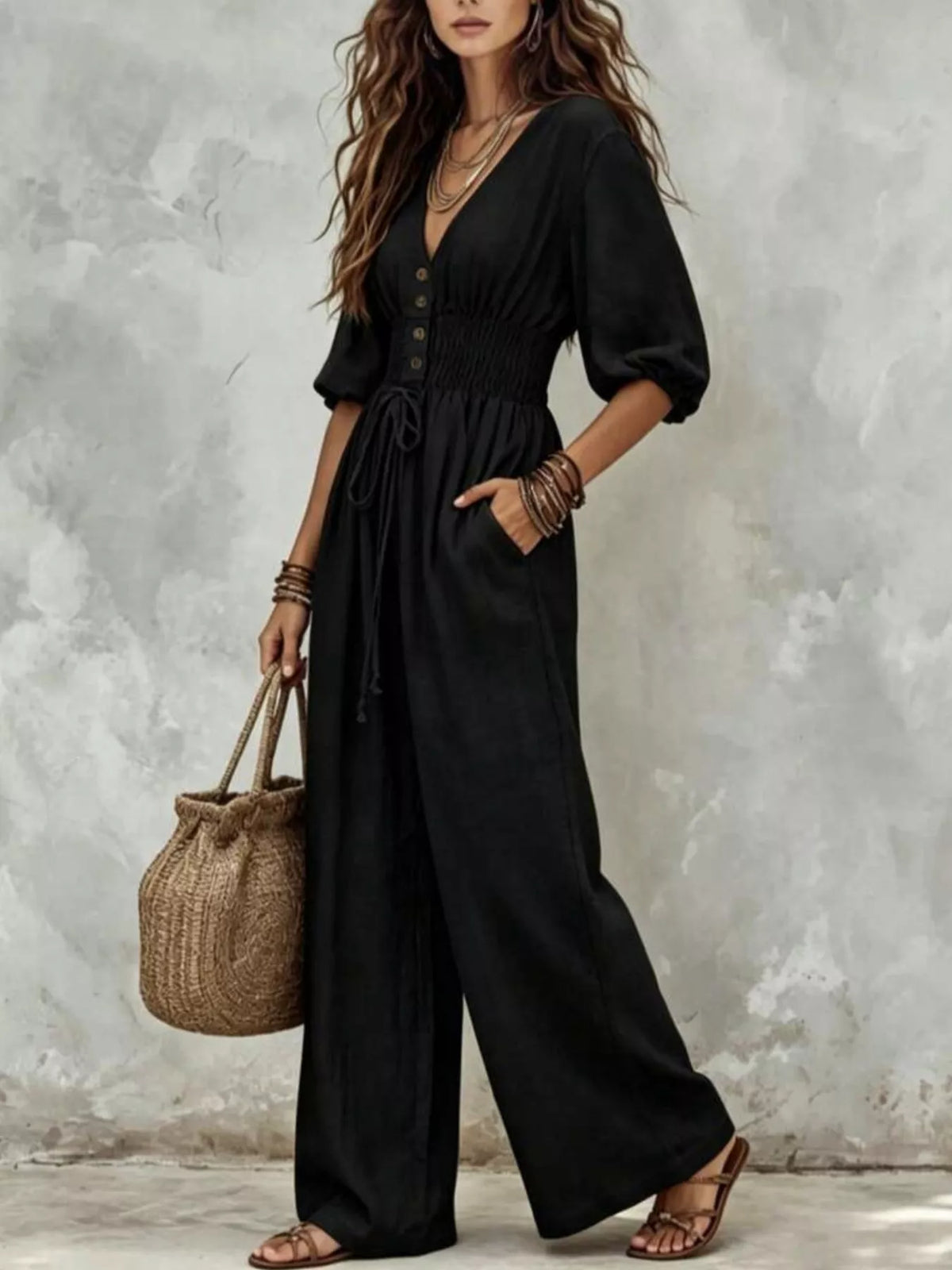 Smocked-waist wide-leg jumpsuit