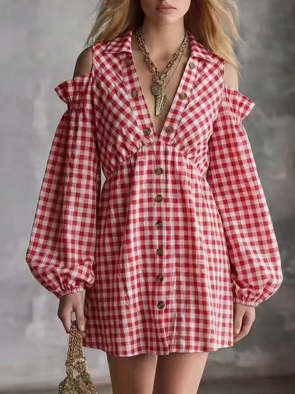 Gingham cold-shoulder dress – red