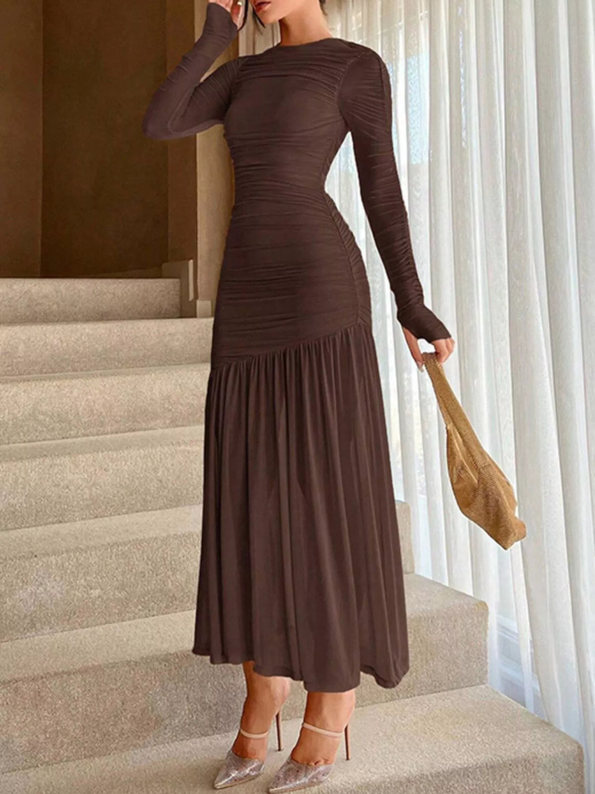 Ruched long sleeve bodycon midi dress