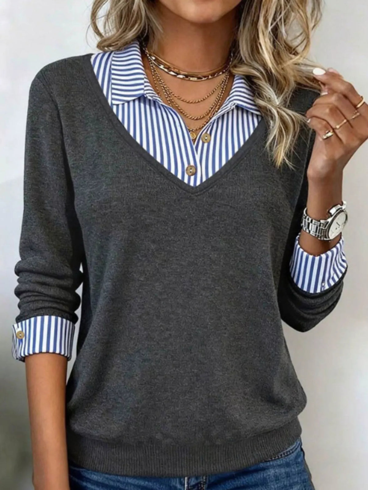 Layered striped-collar top – dark gray
