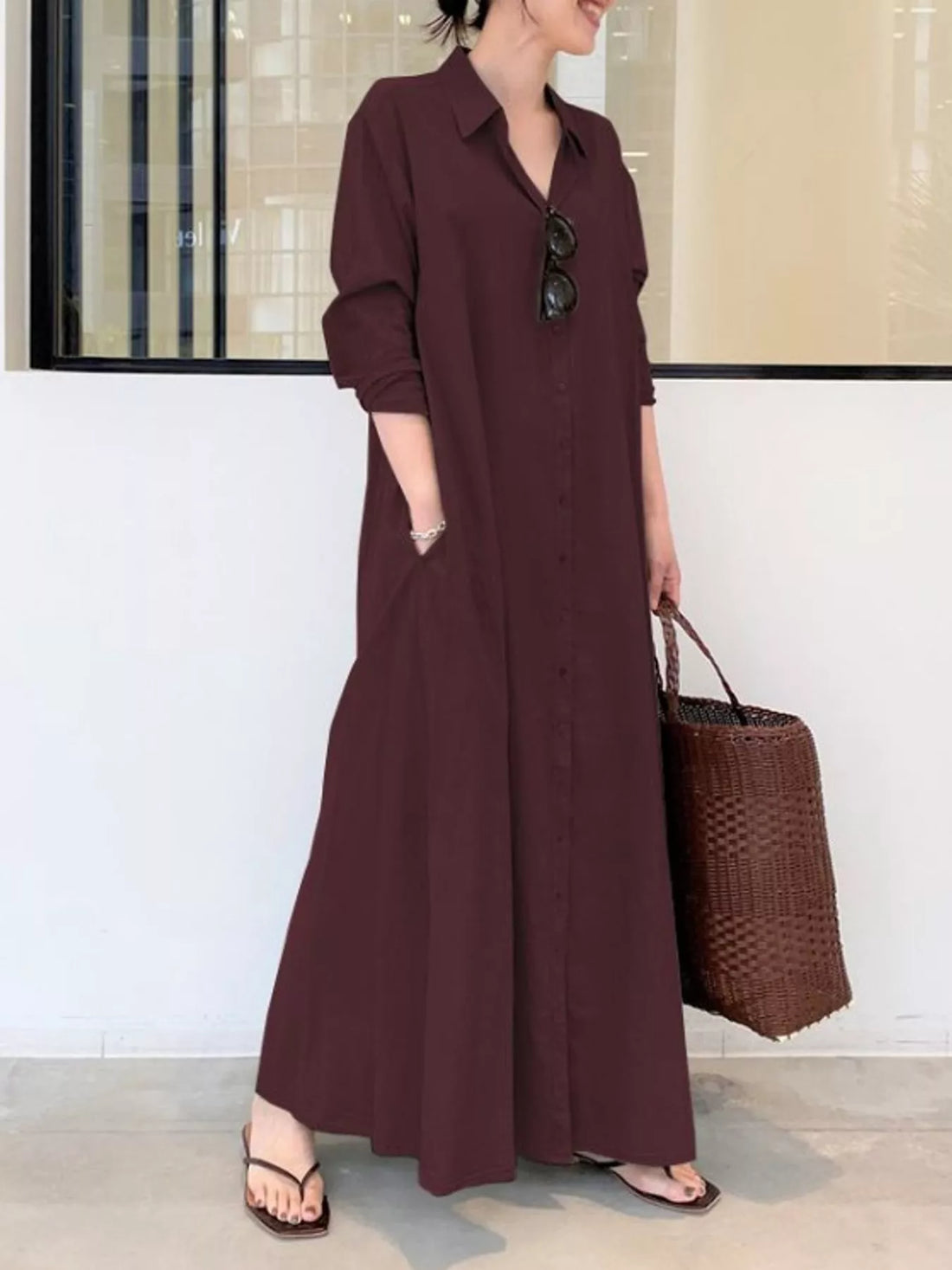 Button front long sleeve maxi shirt dress, Wine Red