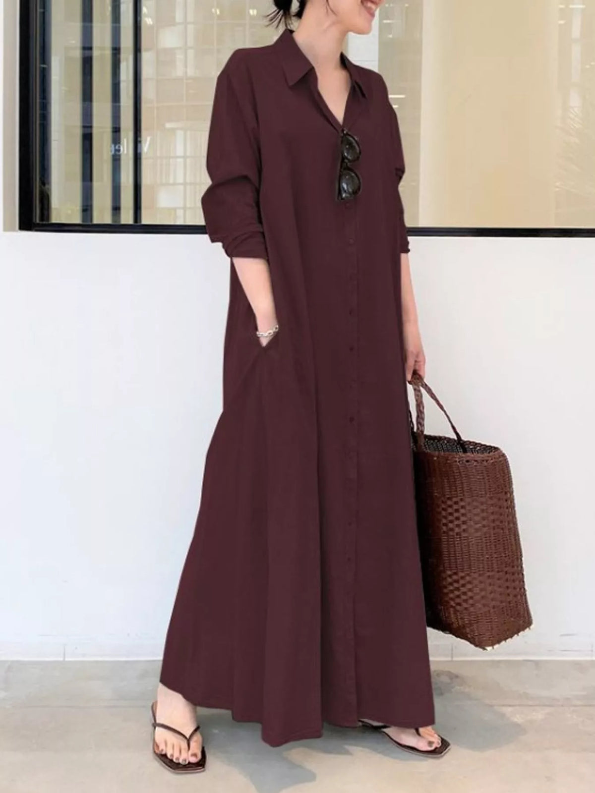 Long-sleeve maxi shirt dress, Wine Red
