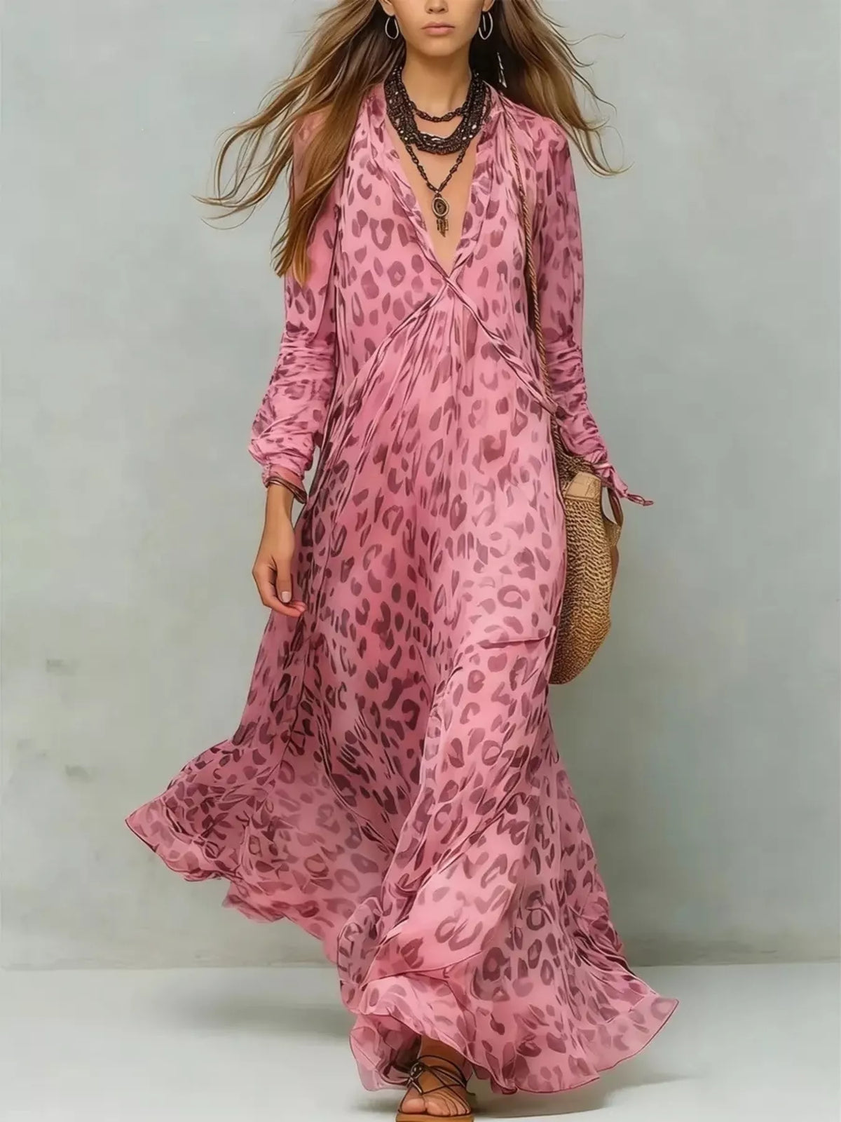 Leopard print V-neck maxi dress, Pink