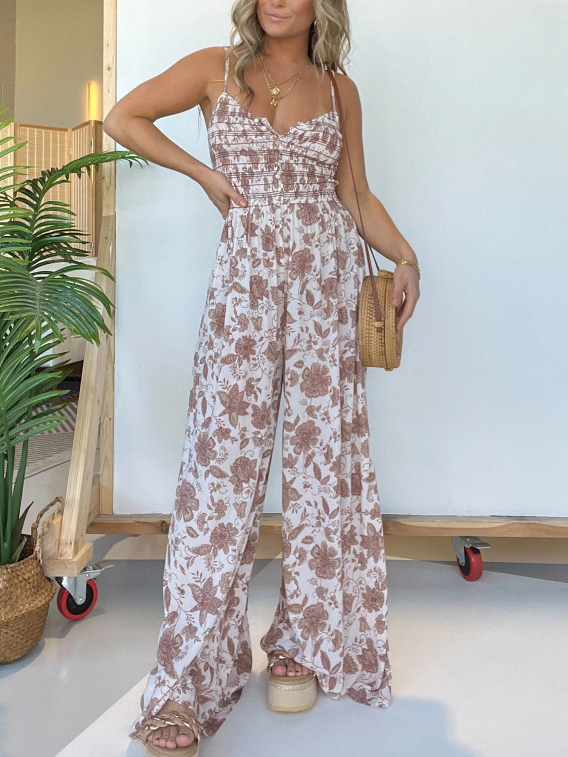 Full Size Printed Spaghetti Strap Wide Leg Jumpsuit