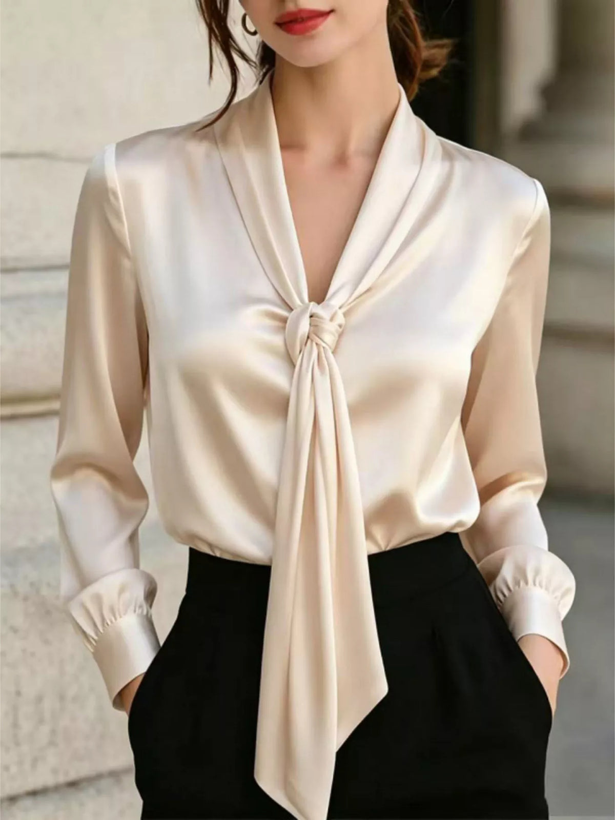 Tie-front satin blouse – beige