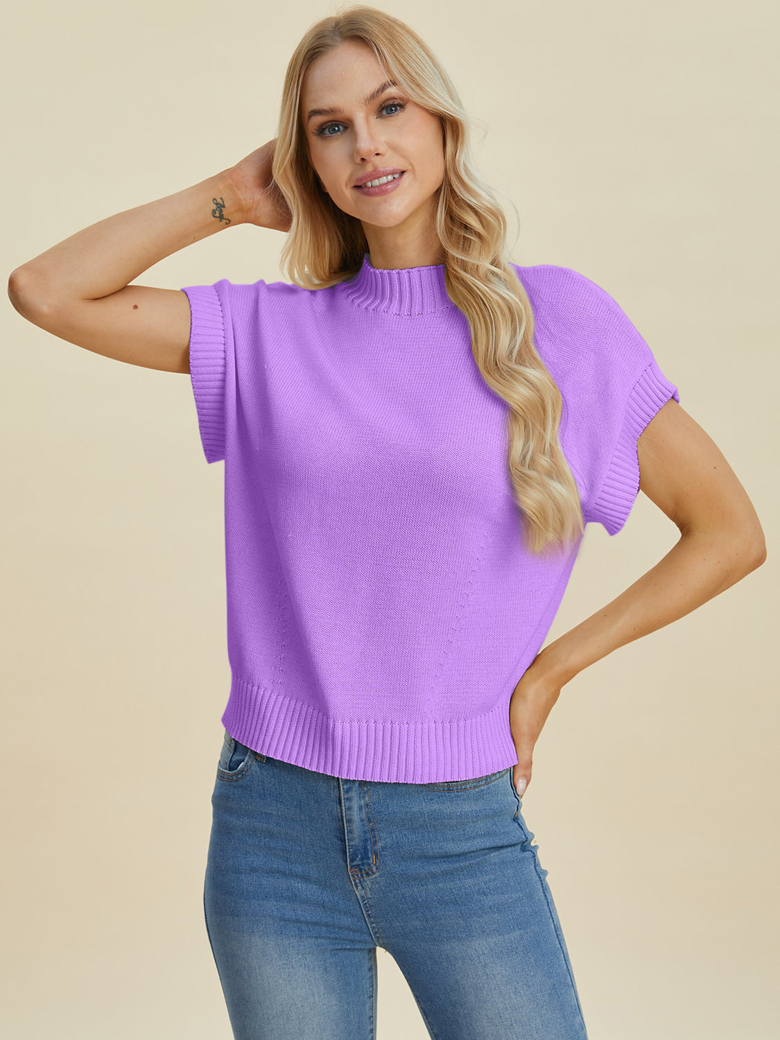 Double Take Full Size Mock Neck Short Sleeve Sweater