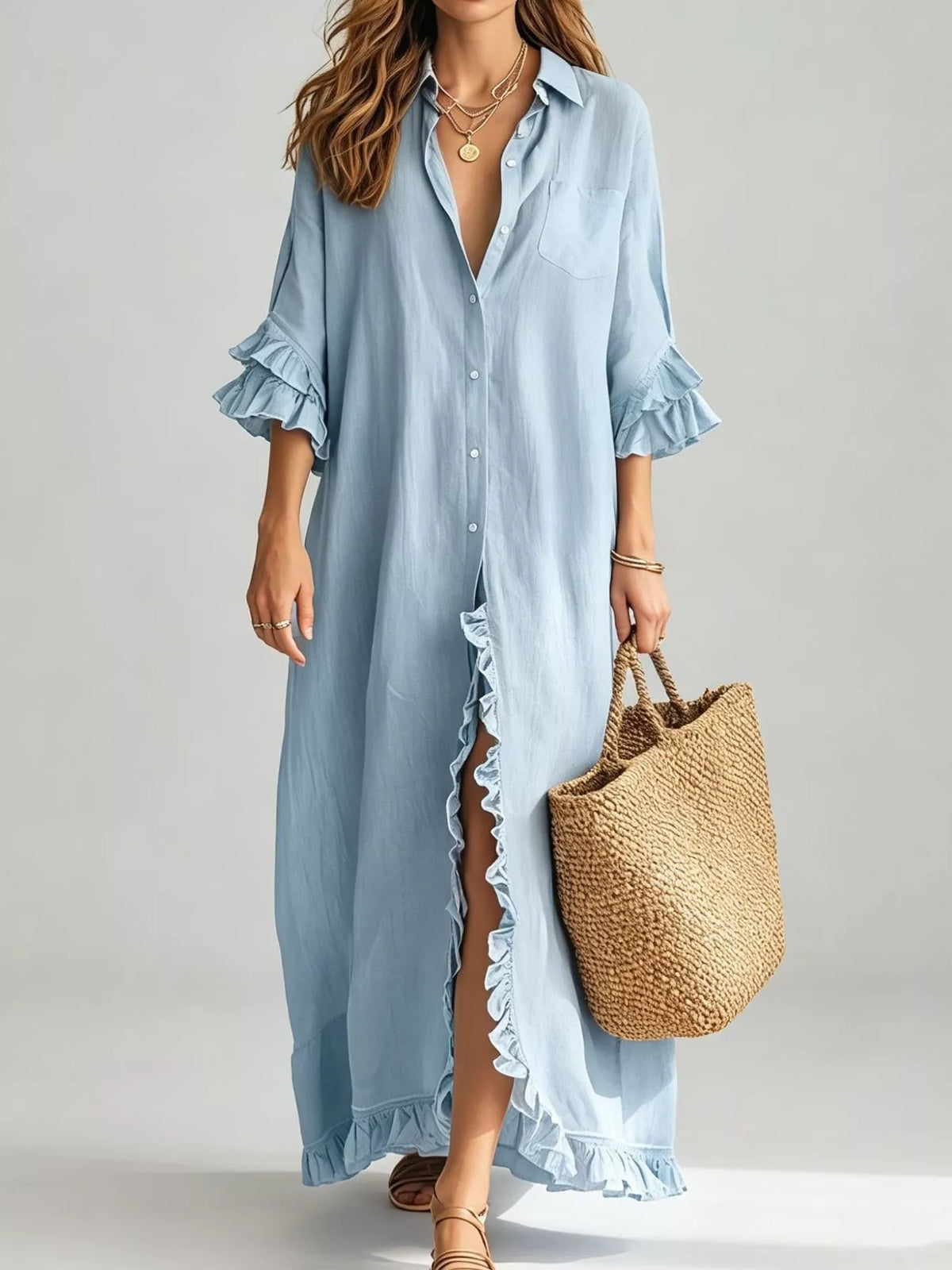 Ruffled trim button-down maxi shirt dress, Light Blue