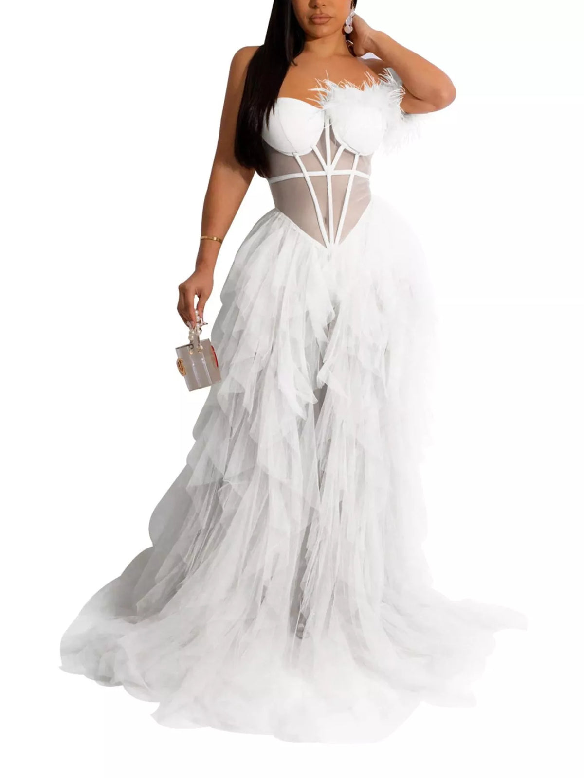 Feather corset tulle gown – white