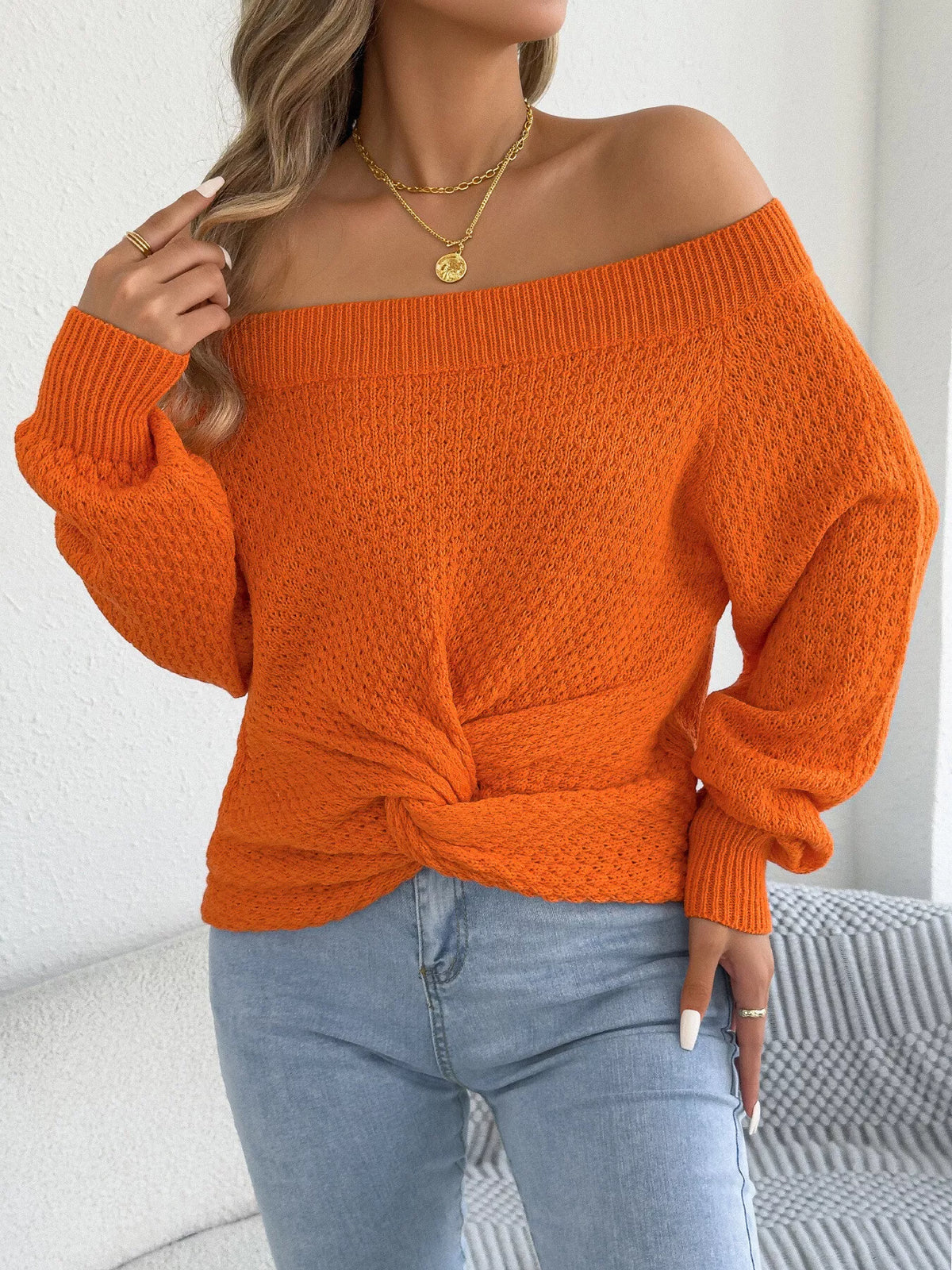 Twist front off shoulder knit