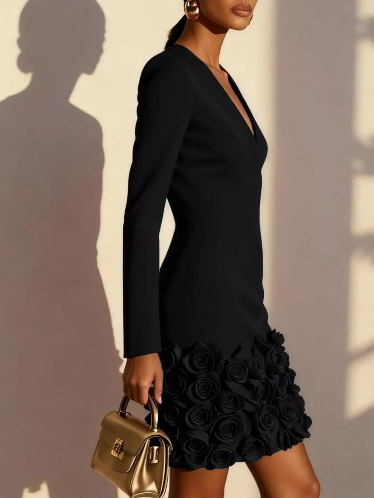 Rose-hem long-sleeve mini dress